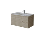 A wall-mounted right hand bathroom vanity with a light oak wood grain cabinet, a white integrated sink, and a chrome faucet, shown on a plain white background.