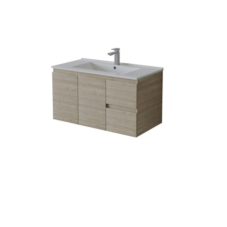 A wall-mounted right hand bathroom vanity with a light oak wood grain cabinet, a white integrated sink, and a chrome faucet, shown on a plain white background.