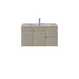 A modern right hand wall-mounted bathroom vanity with a light oak wood-grain cabinet, a white integrated sink, and a tall chrome faucet, shown against a plain white background.