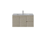 A modern right hand wall-mounted bathroom vanity with a light oak wood-grain cabinet, a white integrated sink, and a tall chrome faucet, shown against a plain white background.