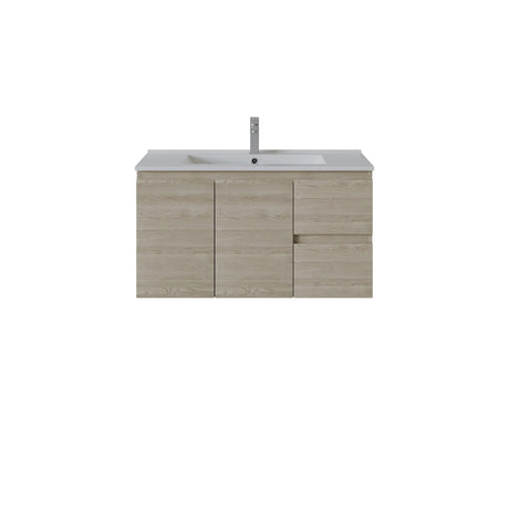 A modern right hand wall-mounted bathroom vanity with a light oak wood-grain cabinet, a white integrated sink, and a tall chrome faucet, shown against a plain white background.