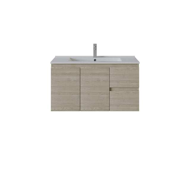 A modern right hand wall-mounted bathroom vanity with a light oak wood-grain cabinet, a white integrated sink, and a tall chrome faucet, shown against a plain white background.