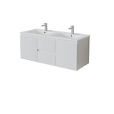 A centre drawers modern white double-sink bathroom vanity with a sleek rectangular cabinet, two drawers, and two chrome faucets, shown on a solid white background.