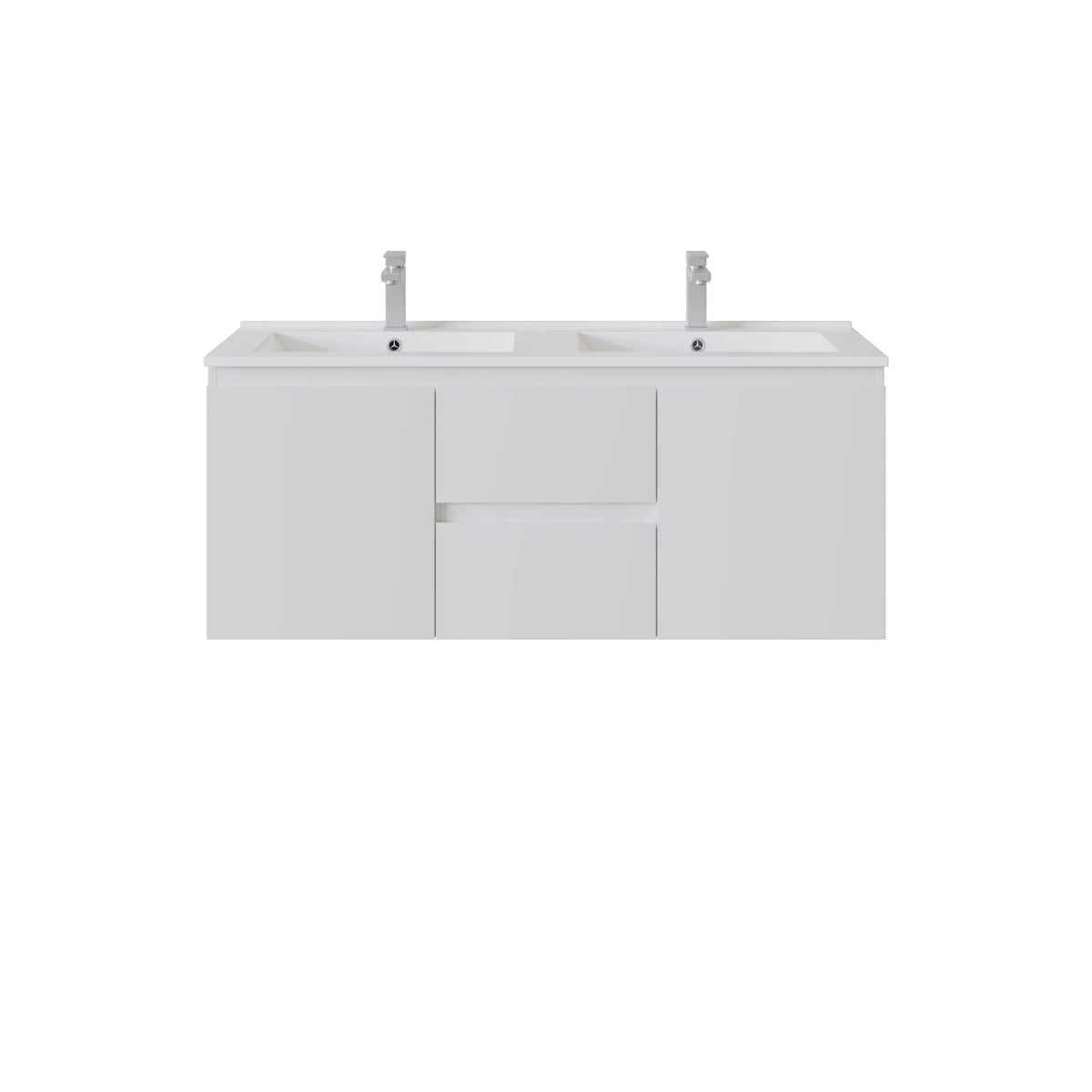 A modern centre drawers white double-sink bathroom vanity cabinet with two front drawers and two tall chrome faucets, shown against a plain white background.