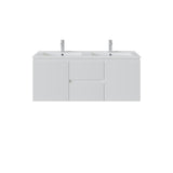 A modern centre drawers white double-sink bathroom vanity cabinet with two front drawers and two tall chrome faucets, shown against a plain white background.