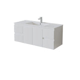 A modern side drawer white bathroom vanity cabinet with an integrated rectangular sink and a single-handle chrome faucet, shown on a plain white background.
