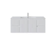 A modern side drawer white bathroom vanity cabinet with a matching white countertop and integrated sink, shown with a tall chrome faucet on a plain white background.