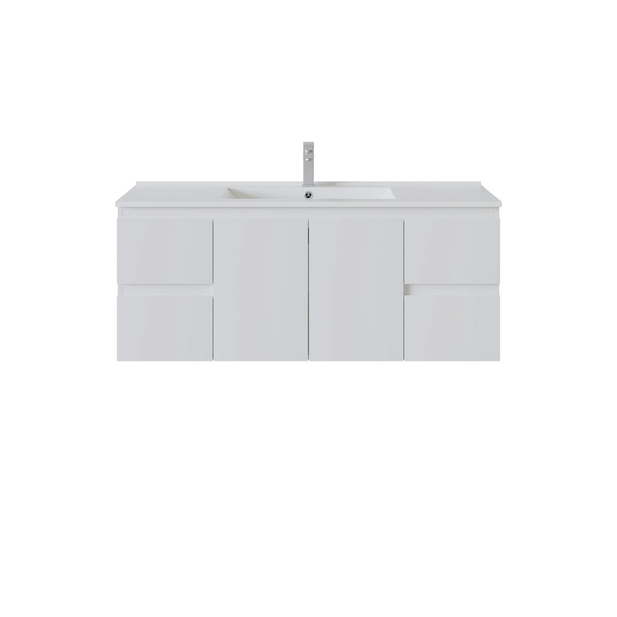 A modern side drawer white bathroom vanity cabinet with a matching white countertop and integrated sink, shown with a tall chrome faucet on a plain white background.