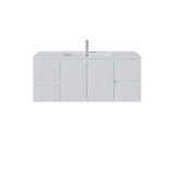 A modern side drawer white bathroom vanity cabinet with a matching white countertop and integrated sink, shown with a tall chrome faucet on a plain white background.