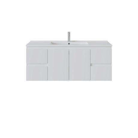 A modern side drawer white bathroom vanity cabinet with a matching white countertop and integrated sink, shown with a tall chrome faucet on a plain white background.