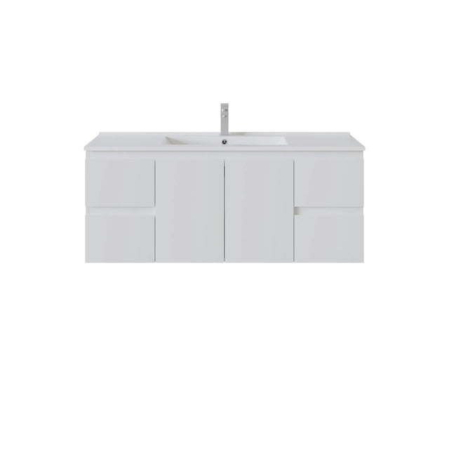 A modern side drawer white bathroom vanity cabinet with a matching white countertop and integrated sink, shown with a tall chrome faucet on a plain white background.