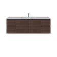 A modern wall-mounted bathroom vanity with a dark brown wood-grain cabinet, a white countertop, an integrated white sink, and a tall silver faucet, shown on a plain white background.