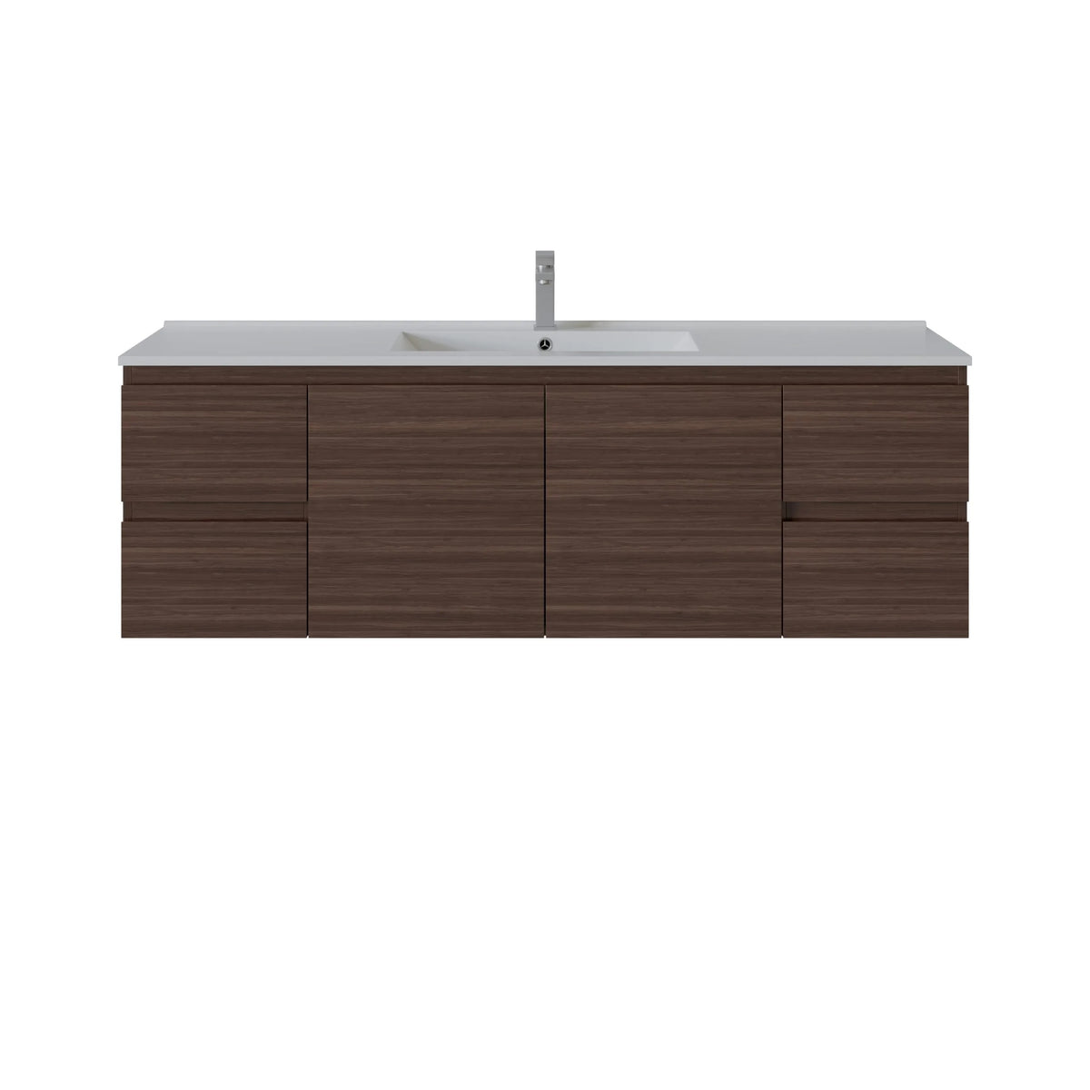 A modern wall-mounted bathroom vanity with a dark brown wood-grain cabinet, a white countertop, an integrated white sink, and a tall silver faucet, shown on a plain white background.