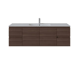 A modern wall-mounted bathroom vanity with a dark brown wood-grain cabinet, a white countertop, an integrated white sink, and a tall silver faucet, shown on a plain white background.