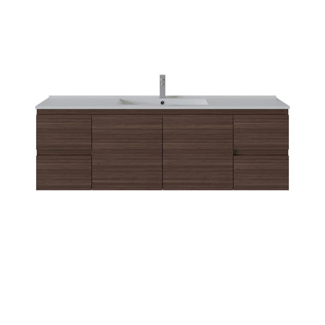 A modern wall-mounted bathroom vanity with a dark brown wood-grain cabinet, a white countertop, an integrated white sink, and a tall silver faucet, shown on a plain white background.