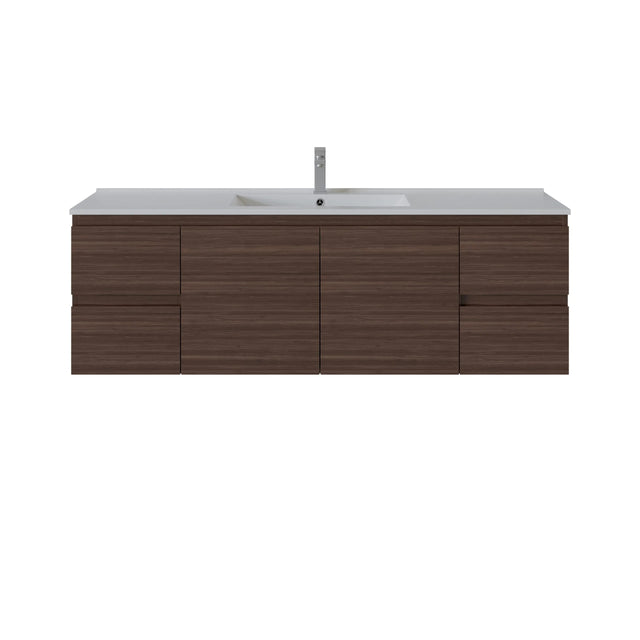 A modern wall-mounted bathroom vanity with a dark brown wood-grain cabinet, a white countertop, an integrated white sink, and a tall silver faucet, shown on a plain white background.
