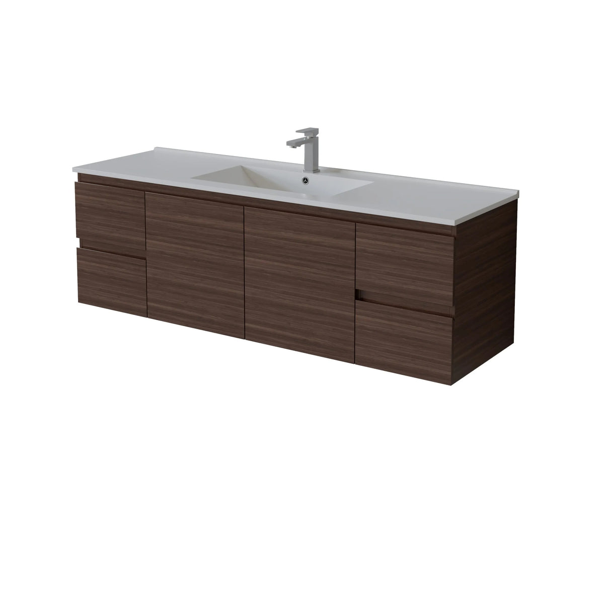 Bathroom vanity with wooden finish and white countertop on a white background