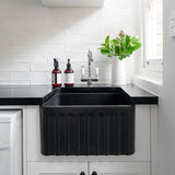 Black kitchen sink in a modern white kitchen with a window and plants.