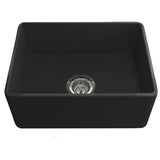 Black kitchen sink with silver drain on a white background