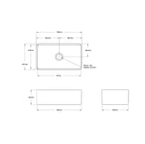 Technical dimension drawing of a rectangular sink or drain unit, showing front, top, and side measurements with labels and arrows on a white background.