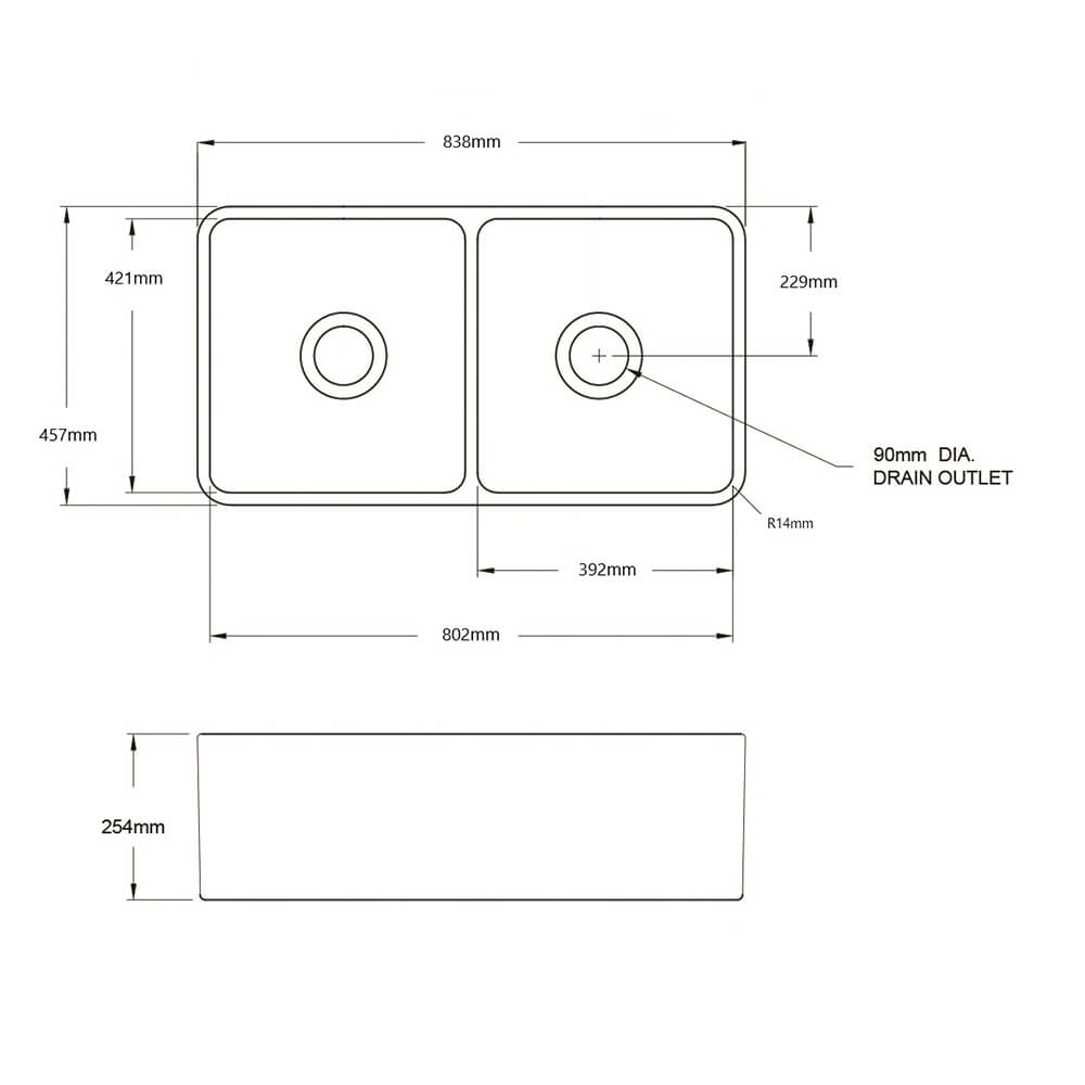 Technical drawing of a kitchen sink with dimensions labeled