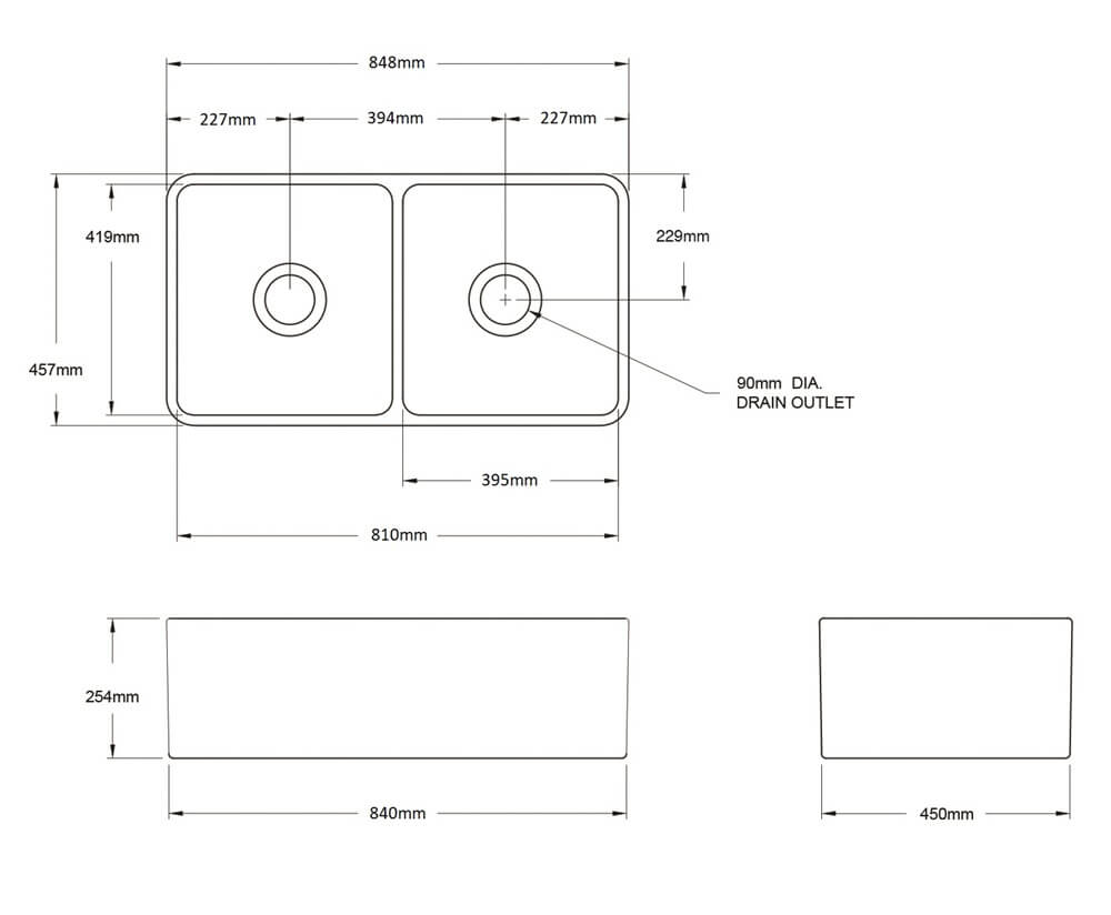 Technical drawing of a kitchen sink with dimensions labeled