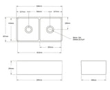 Technical drawing of a kitchen sink with dimensions labeled