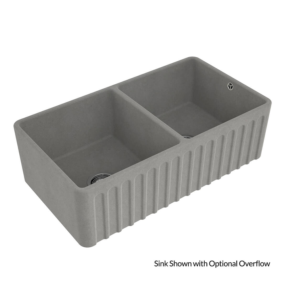 Gray double-basin kitchen sink on a white background