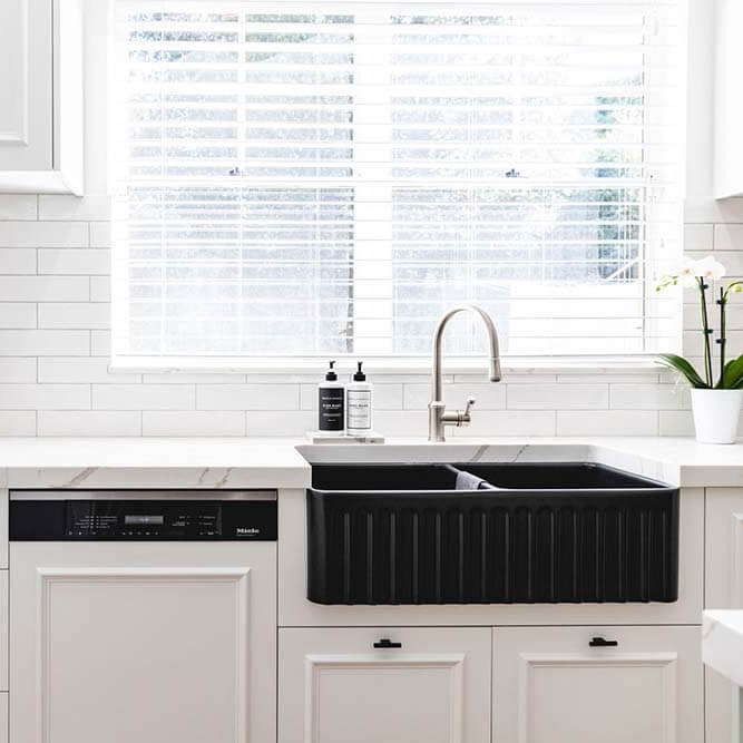 kitchen with matte black double butler sink