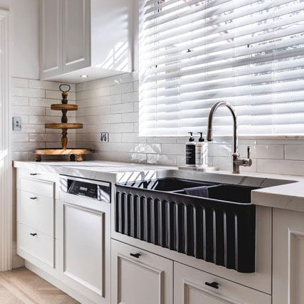kitchen with matte black double butler sink