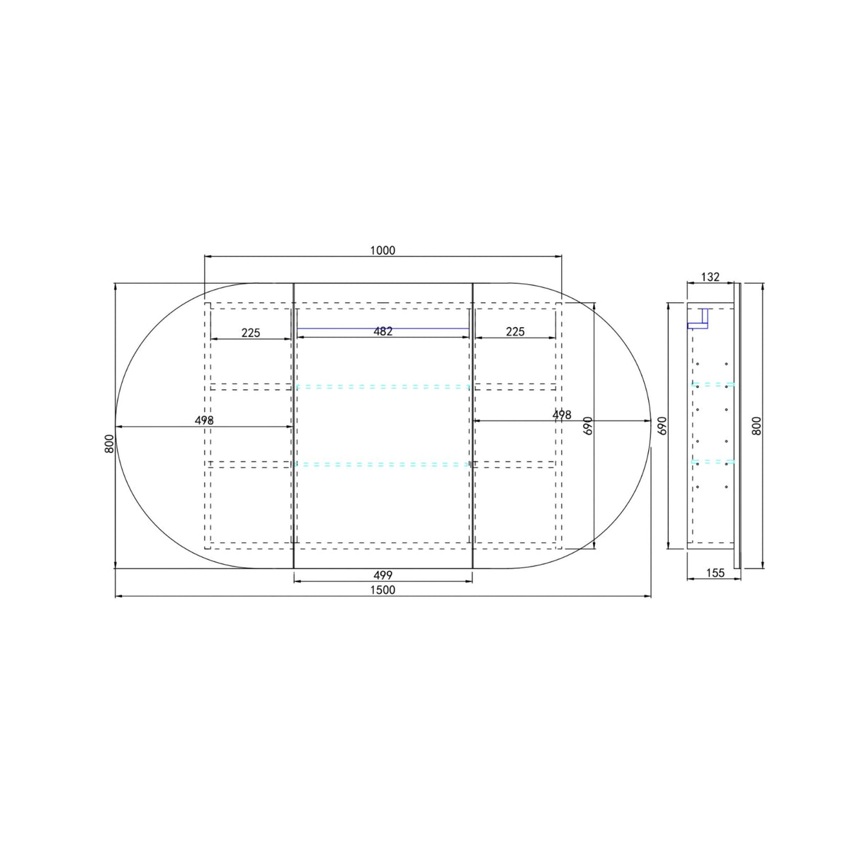 drawing of 1500mm shaving cabinet