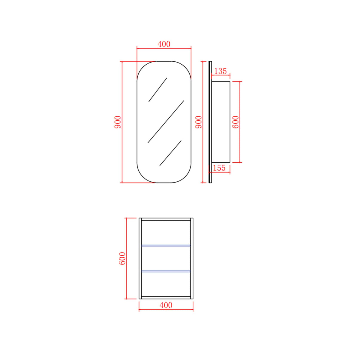 Technical drawing of a 400mm shaving cabinet with dimensions labeled