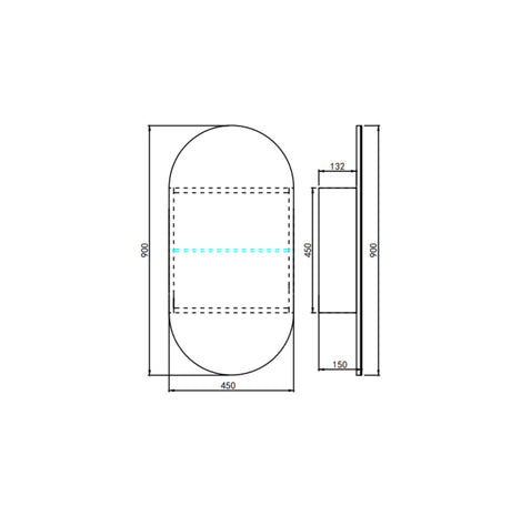 Technical drawing of a 450 shaving cabinet with dimensions on a white background