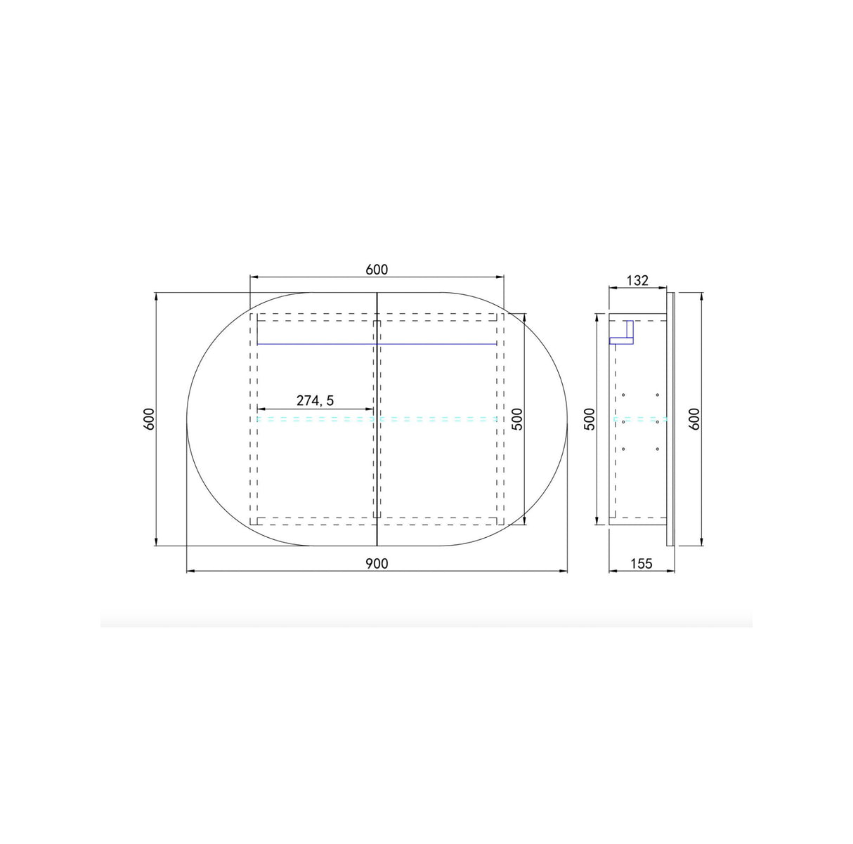 Technical drawing with dimensions of 900mm shaving cabinet on a white background