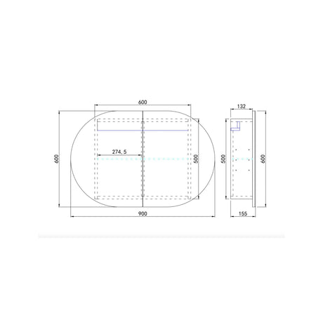 Technical drawing with dimensions of 900mm shaving cabinet on a white background