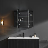 Bathroom with dark wall, open cabinet, and sink area.