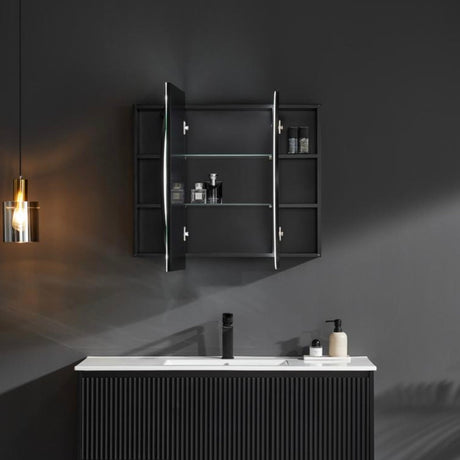 Bathroom with dark wall, open cabinet, and sink area.