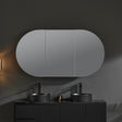 room with black vanity and shaving cabinet