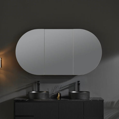 room with black vanity and shaving cabinet