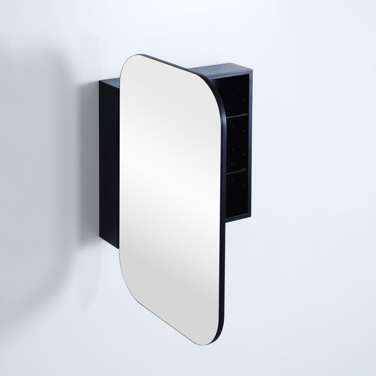 side view of open rectangular black shaving cabinet