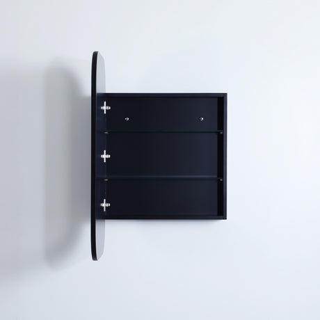 open  rectangular black shaving cabinet in grey wall