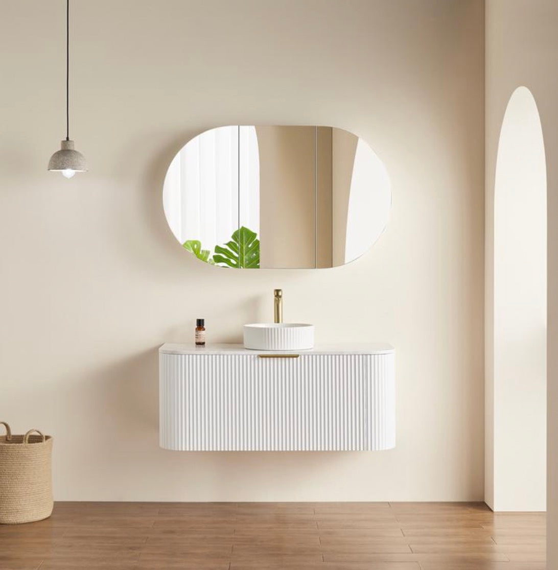 room with Olivia Matte white shaving cabinet and white vanity 