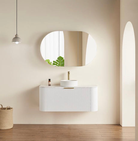 room with Olivia Matte white shaving cabinet and white vanity 