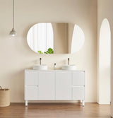 room with white 1500mm shaving cabinet and free standing white vanity