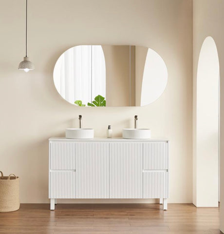 room with white 1500mm shaving cabinet and free standing white vanity