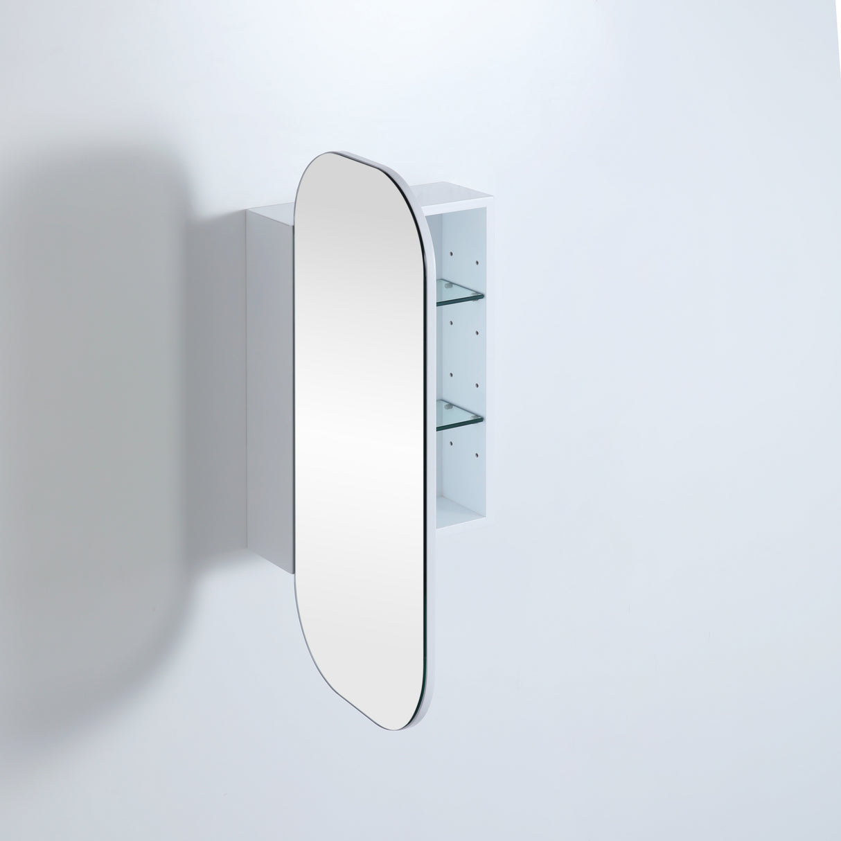 Wall-mounted mirror with a white frame on a light gray background