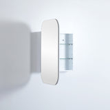 side view of open rectangular shaped white shaving cabinet in grey wall