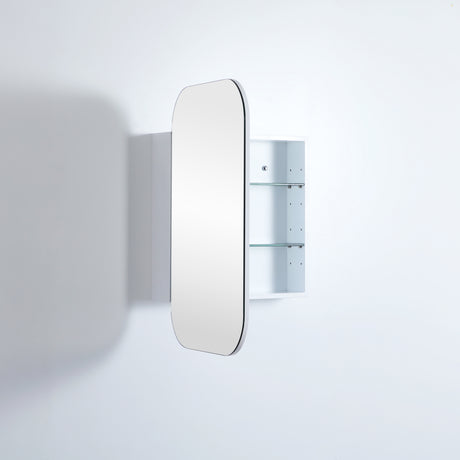 side view of open rectangular shaped white shaving cabinet in grey wall