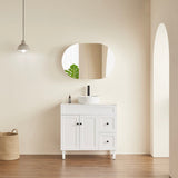 room with matte white shaving cabinet and free standing white vaity