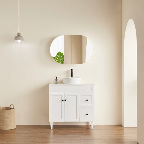room with matte white shaving cabinet and free standing white vaity
